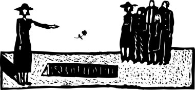 Woodcut Illustration of Grieving Widow Throwing Flower into Grave clipart