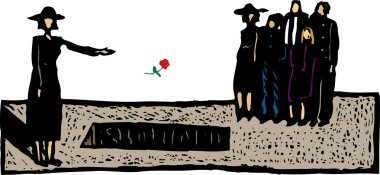 Woodcut Illustration of Grieving Widow Throwing Flower into Grave clipart