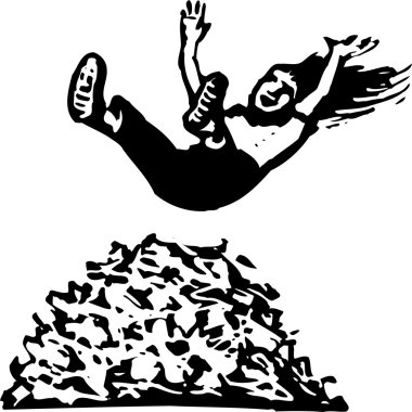 Woodcut Illustration of Girl Jumpping Into a Pile of Leaves clipart