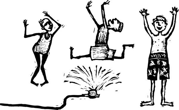Illustrazione vettoriale dei bambini che giocano negli irrigatori — Vettoriale Stock