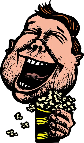 Человек с избыточным весом в кино смеется и ест попкорн — стоковый вектор