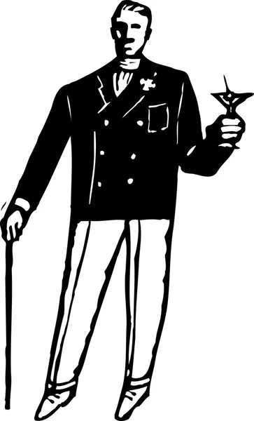 Vector Illustration of 1920s Sophisticated Rich Man with Martini and Cane — Stock Vector