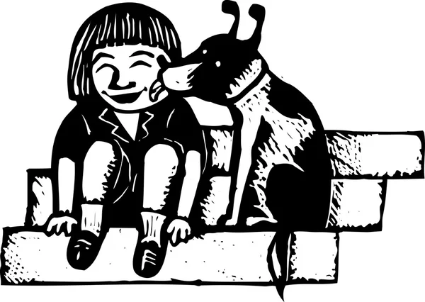Woodcut Illustrazione di cane leccare il viso della bambina — Vettoriale Stock