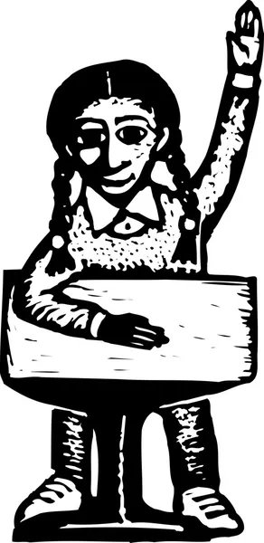 Woodcut Ilustración de niña en la escuela levantando la mano — Vector de stock