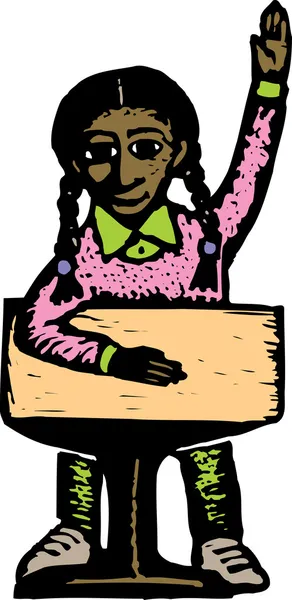 Woodcut ilustração da menina na escola levantando mão —  Vetores de Stock