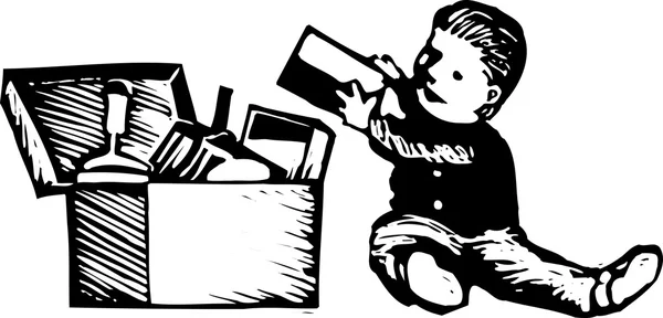 Woodcut Illustrazione di Bambino con Giocattoli e Toybox — Vettoriale Stock