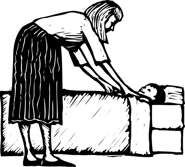 Woodcut ilustração da mãe escondendo na criança na hora de dormir —  Vetores de Stock