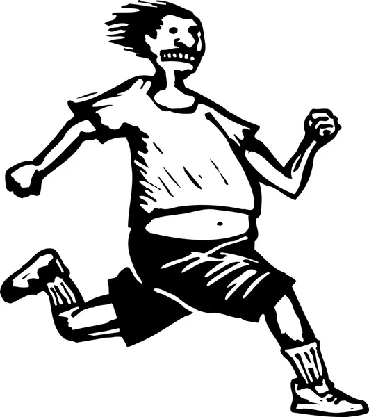 Woodcut Ilustración de niño con sobrepeso corriendo — Vector de stock