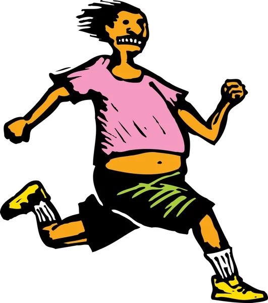 Woodcut Illustrazione di corsa ragazzo in sovrappeso — Vettoriale Stock