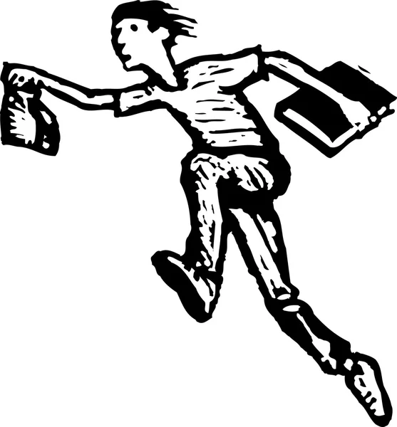 Woodcut Ilustración de Boy Running Late — Vector de stock