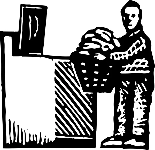 Holzschnitt-Illustration eines Mannes beim Wäschewaschen — Stockvektor