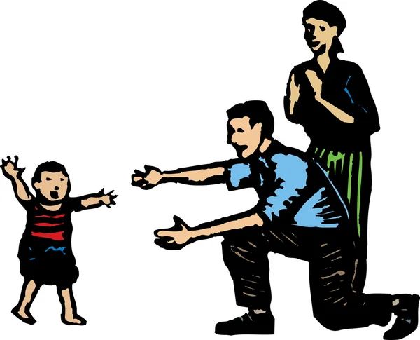 Illustration de bambin faisant les premiers pas vers les parents — Image vectorielle