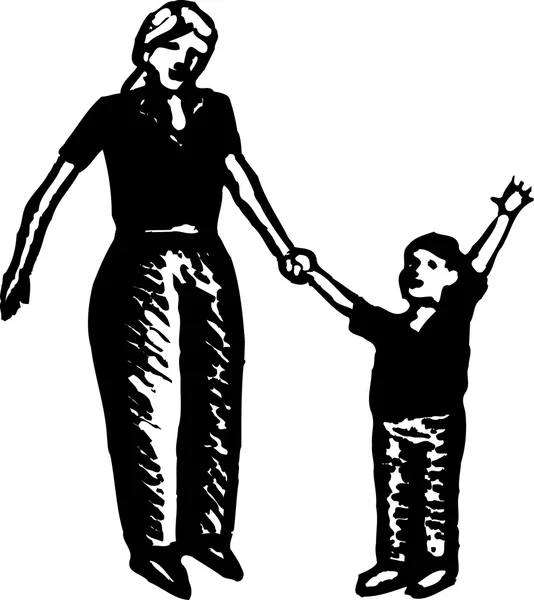 Woodcut Illustrazione di Madre e Figlio — Vettoriale Stock
