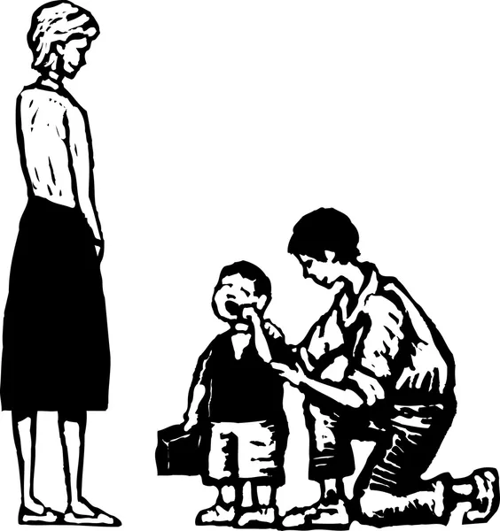 Holzschnitt-Illustration des ersten Schultages mit Mutter und Lehrerin — Stockvektor