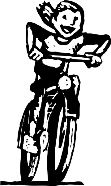 Woodcut Ilustrație De Tanara Fata Calarind Biciclete — Vector de stoc