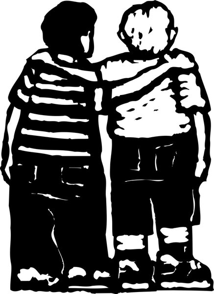 Woodcut Illustration of Two Young Boys with Arms Around Each Other