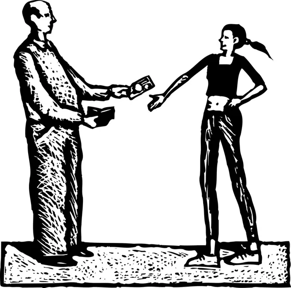 Woodcut Ilustración de padre dando dinero a hija adolescente — Vector de stock