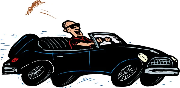 Woodcut Illustrazione di uomo guida auto sportive durante crisi di mezza età — Vettoriale Stock