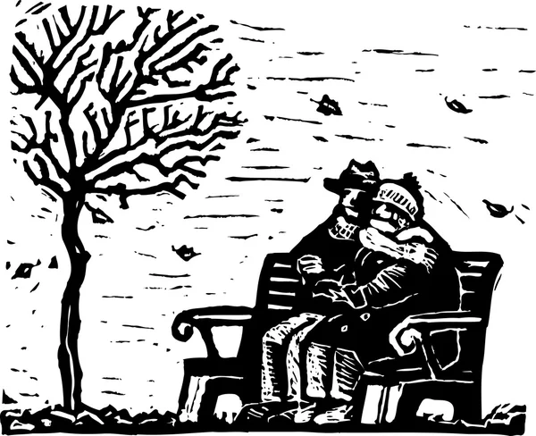 寒い日のベンチに座っている年配のカップルの木版画イラスト — ストックベクタ