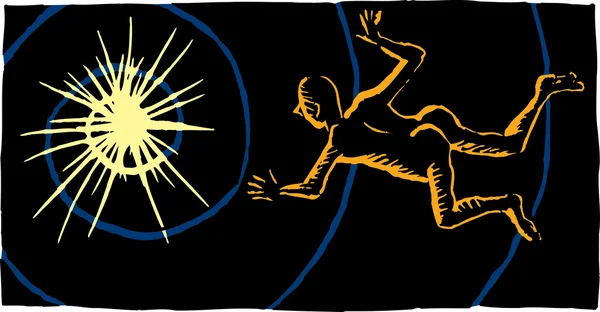 Träsnitt illustration av man går mot ljuset och död — Stock vektor