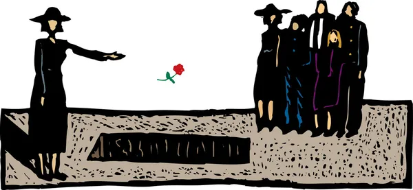 悲しみに暮れる未亡人の墓に花を投げるの木版画イラスト — ストックベクタ