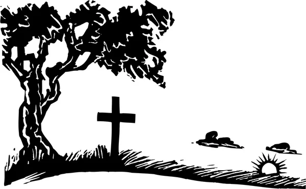 Drzeworyt ilustracja Działka cmentarz z Krzyża i powstanie słońce — Wektor stockowy