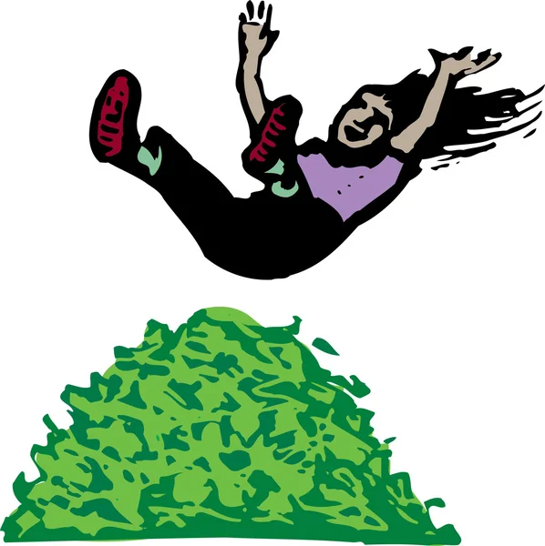 Деревянная иллюстрация девушки, прыгающей в кучу листьев — стоковый вектор