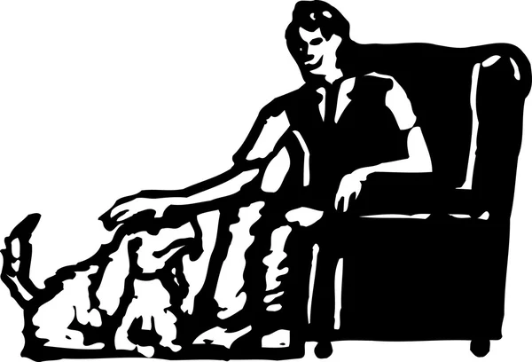 Woodcut Illustration of Man Petting Dog — Stock Vector