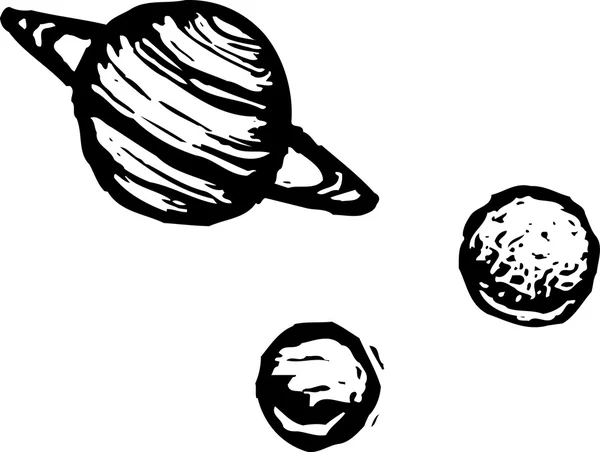 Houtsnede illustratie van planeten met inbegrip van Saturnus — Stockvector