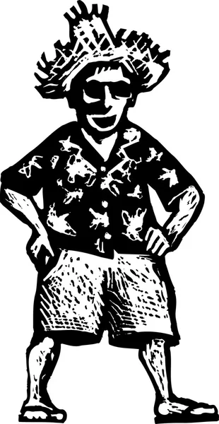 Träsnitt illustration av mannen klädd för hawaiian luau — Stock vektor