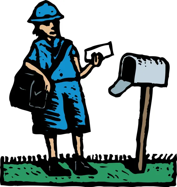 Träsnitt illustration av postförsändelse person levererar e-post — Stock vektor