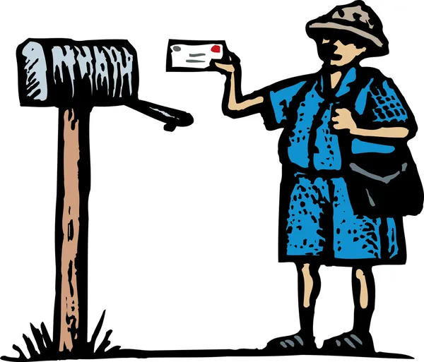 Woodcut Ilustração do carteiro entregando uma carta — Vetor de Stock