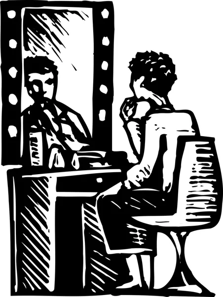 Ilustración de Woodcut de la mujer poniéndose maquillaje — Vector de stock