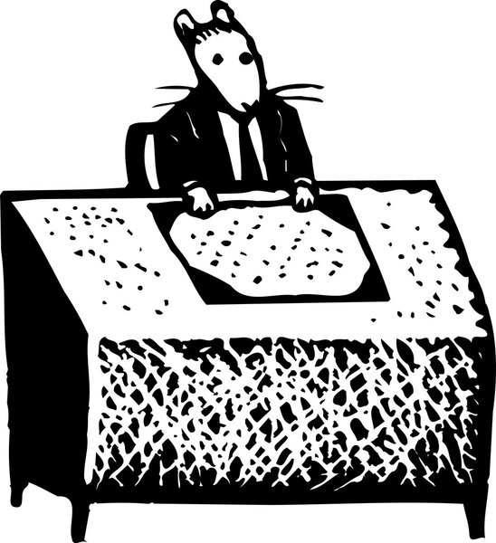 Woodcut Illustration of Man Mouse Sitting at Desk