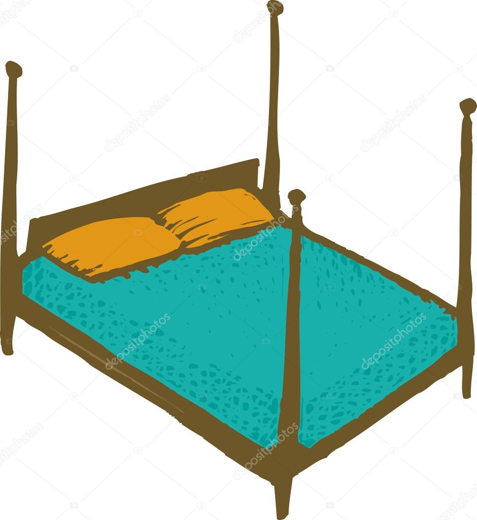 Woodcut illustration of Four Poster Bed