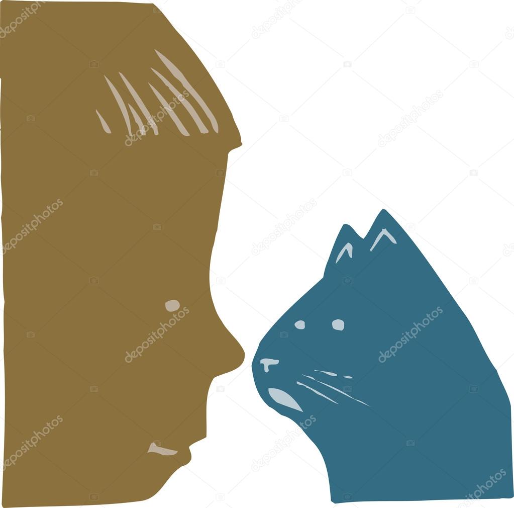 Woodcut Illustration of Child and Cat
