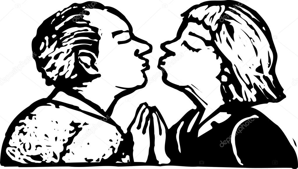 Woodcut Illustration of Senior Couple Kissing