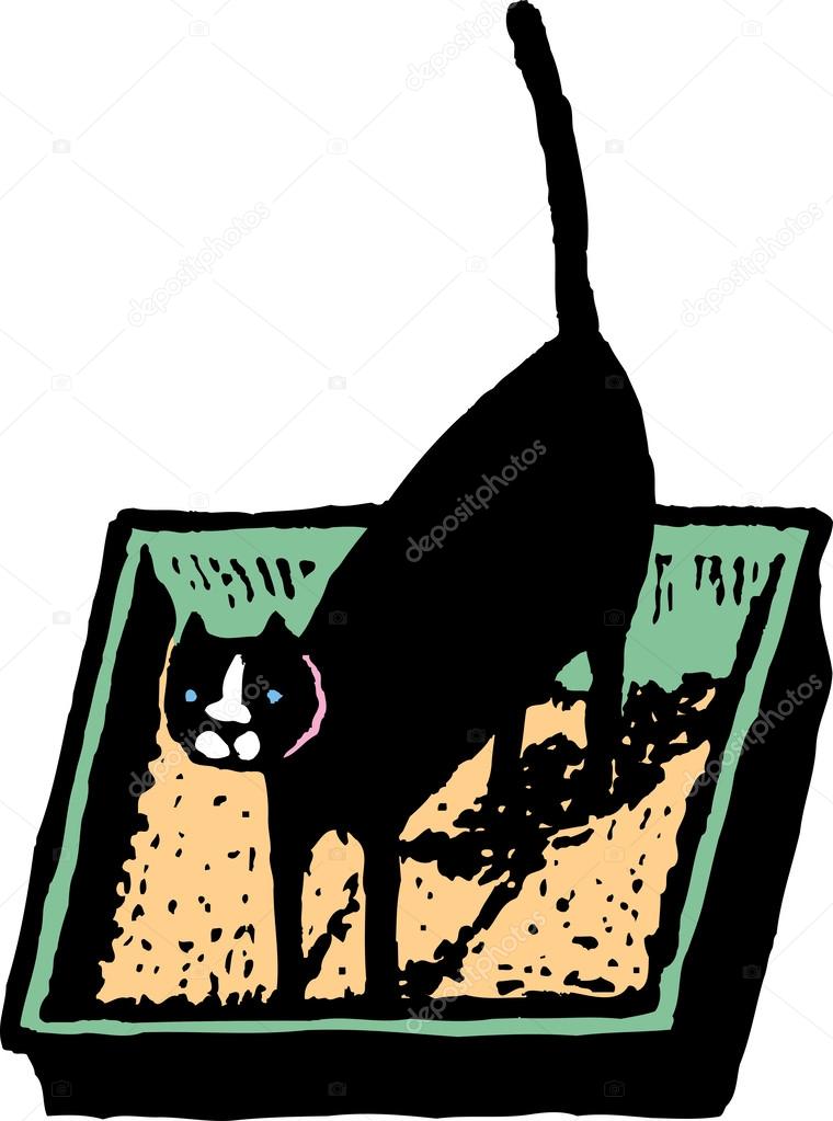 Woodcut Illustration of Cat in Litter Box