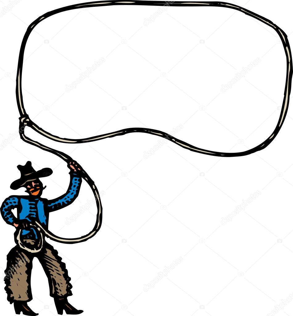 Woodcut Illustration of Cowboy with Rope Lasso