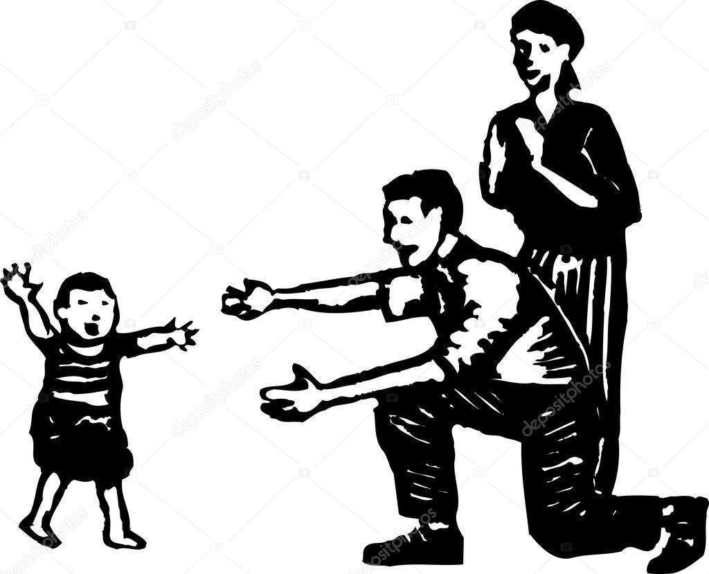 Woodcut Illustration of Toddler Taking First Steps to Parents