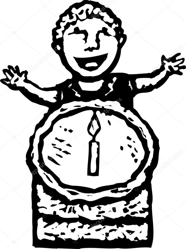 Woodcut Illustration of Baby Boy on First Birthday with Birthday Cake