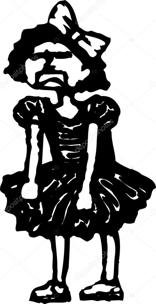 Woodcut Illustration of Little Girl in Party Dress Throwing Tantrum