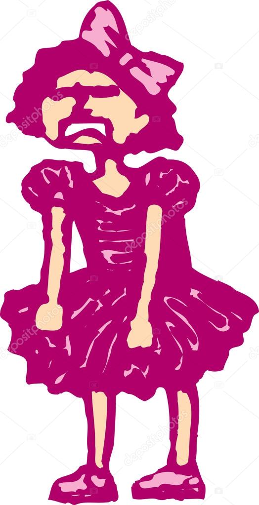 Woodcut Illustration of Little Girl in Party Dress Throwing Tantrum