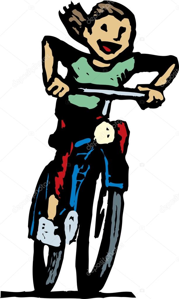 Woodcut Illustration of Young Girl Riding Bicycle