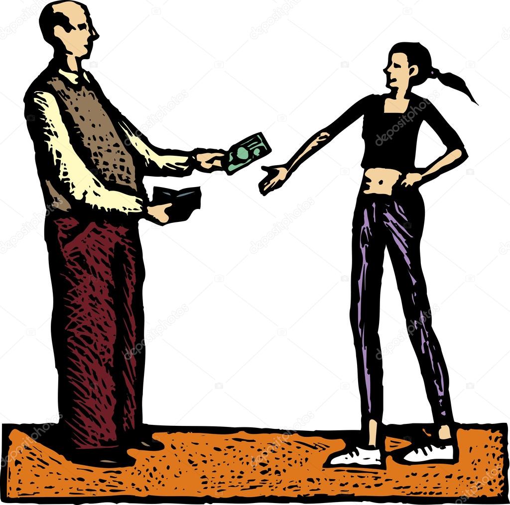 Woodcut Illustration of Father Giving Teen Daughter Money