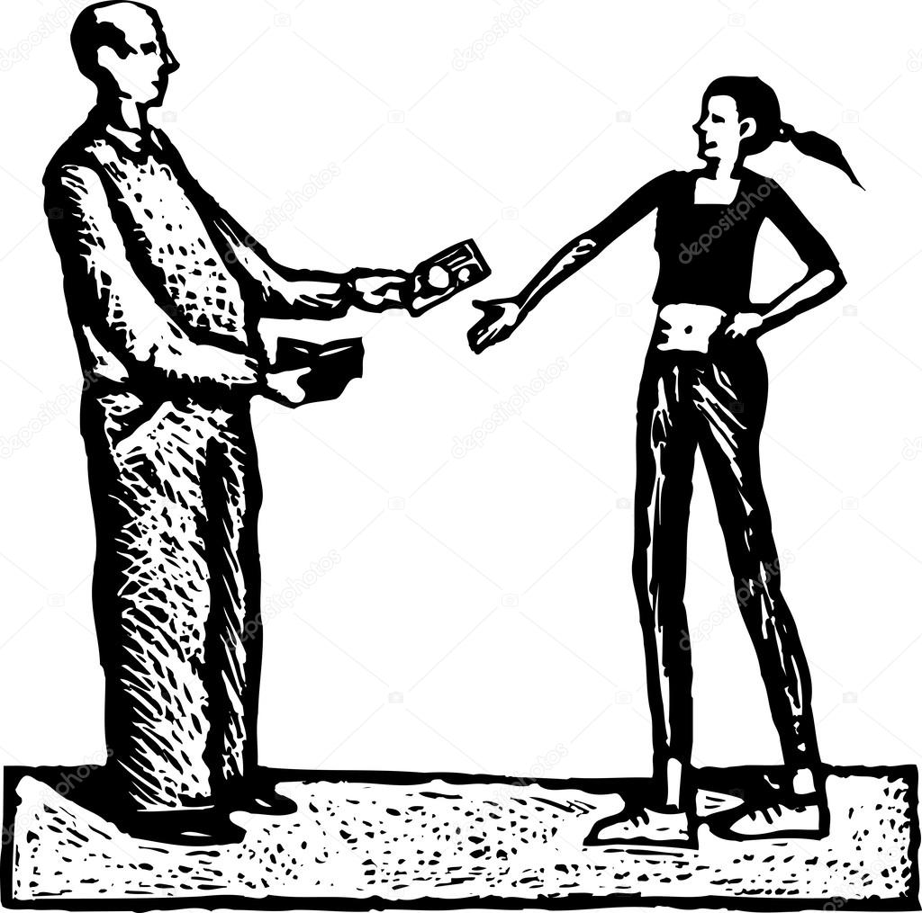 Woodcut Illustration of Father Giving Teen Daughter Money