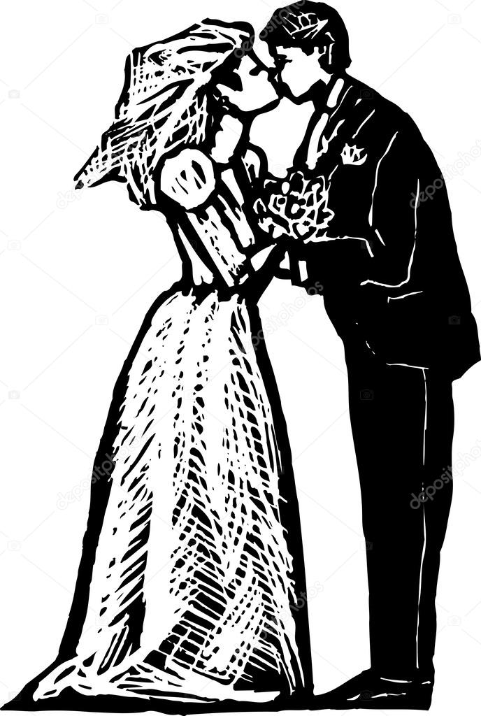 Woodcut Illustration of Bride and Groom Kissing on Alter