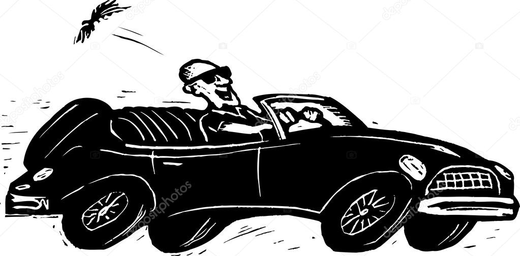 Woodcut Illustration of Man Driving Sports Car During Midlife Crisis