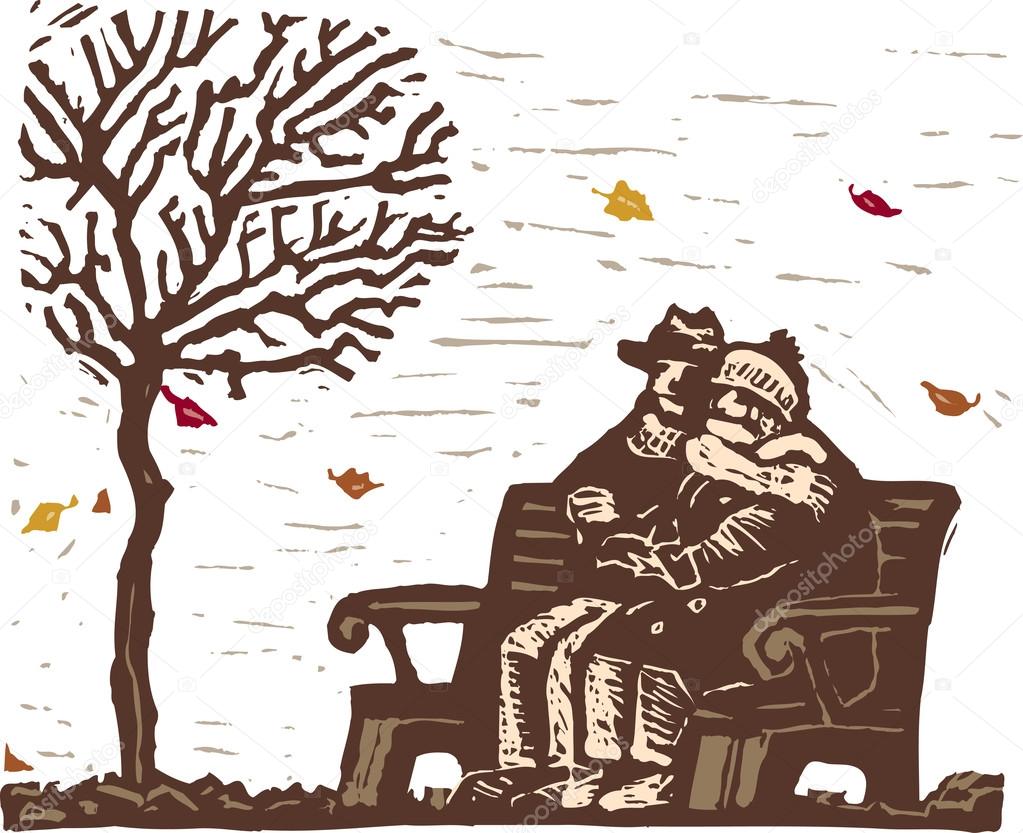 Woodcut Illustration of Senior Couple Sitting on Bench on Cold Day