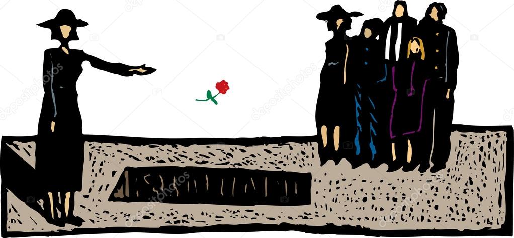 Woodcut Illustration of Grieving Widow Throwing Flower into Grave